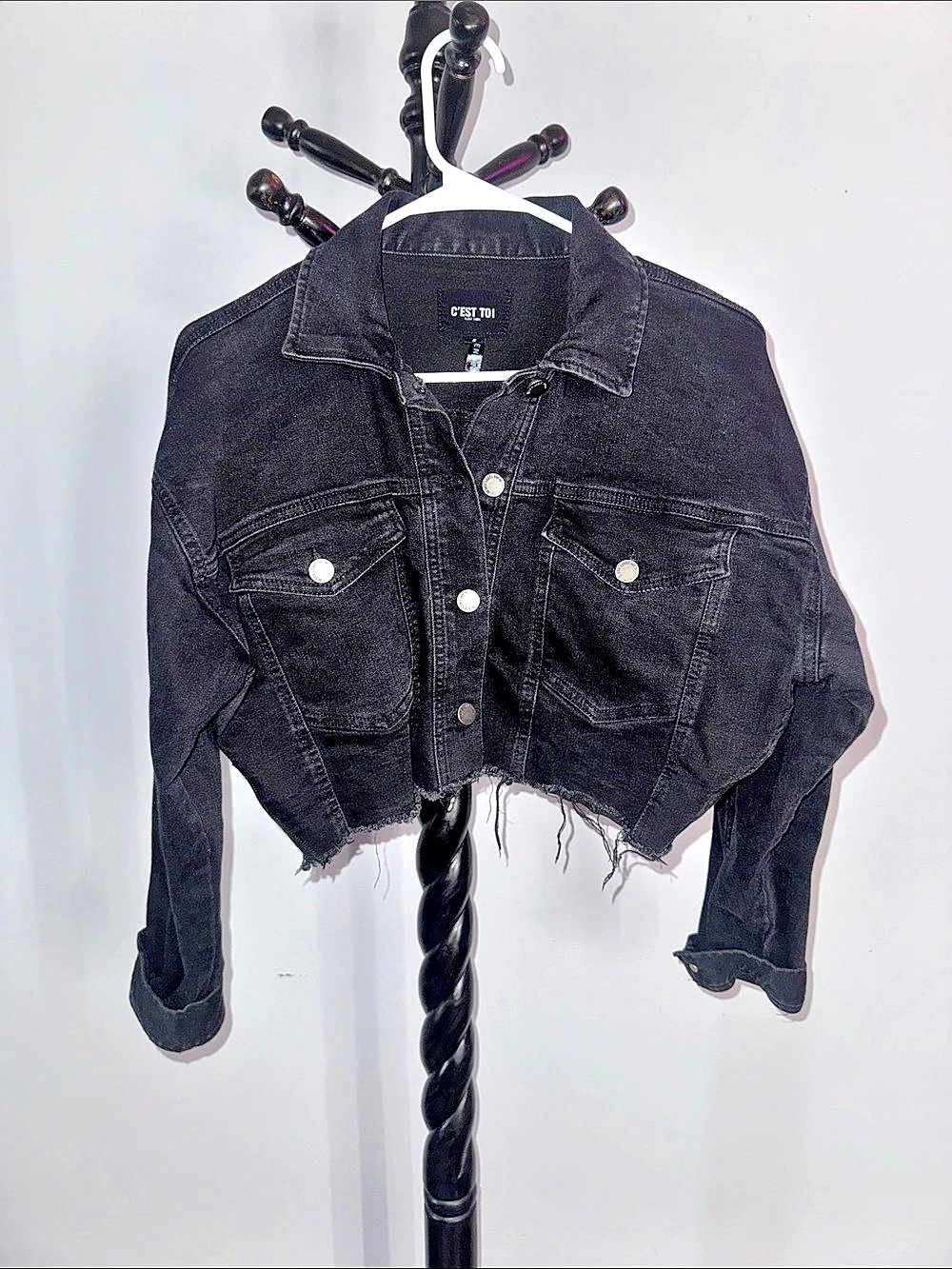 C'est Toi Black Cropped Raw Hem Denim Jacket Size Small